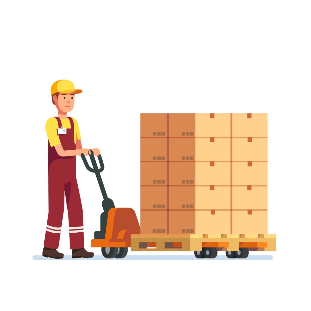 Business Solutions for Inventory Management Challenges. Warehouse worker man towing hand fork lifter with boxes on pallet. Modern flat style vector illustration isolated on white background.