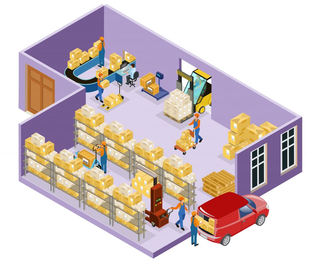 Why Small Businesses Invest in Online Inventory Management? Isometric warehouse logistic template with workers transporting goods using carts forklift and weighing process before loading isolated vector illustration.