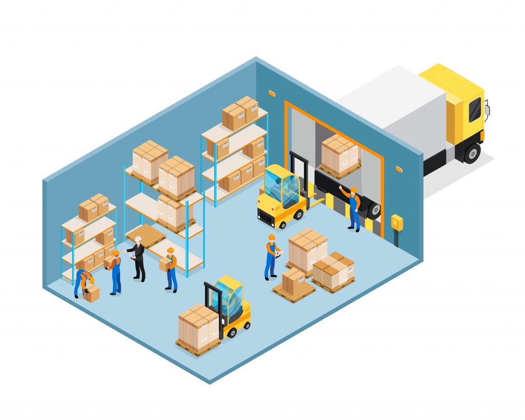 Why Small Businesses Invest in Online Inventory Management? Warehouse inside isometric composition including manager and workers, forklifts, shelves with goods, unloading cargo vector illustration.